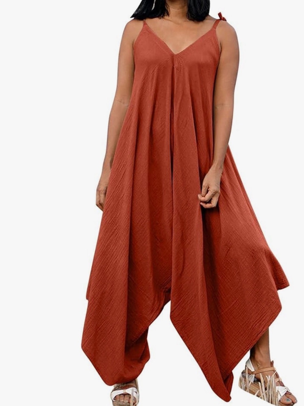 NWOT Flowy Rust Orange-Brown V-Neck Handkerchief Hem Jumpsuit One Size
